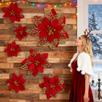 Artificial Christmas Flowers, 14cm Red with Golden Edges and Clips - House Of Avana