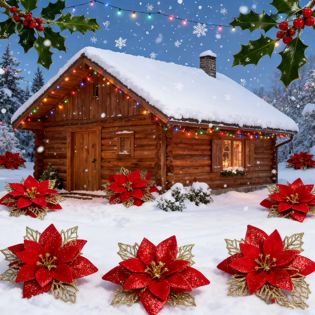 Artificial Christmas Flowers, 14cm Red with Golden Edges and Clips - House Of Avana