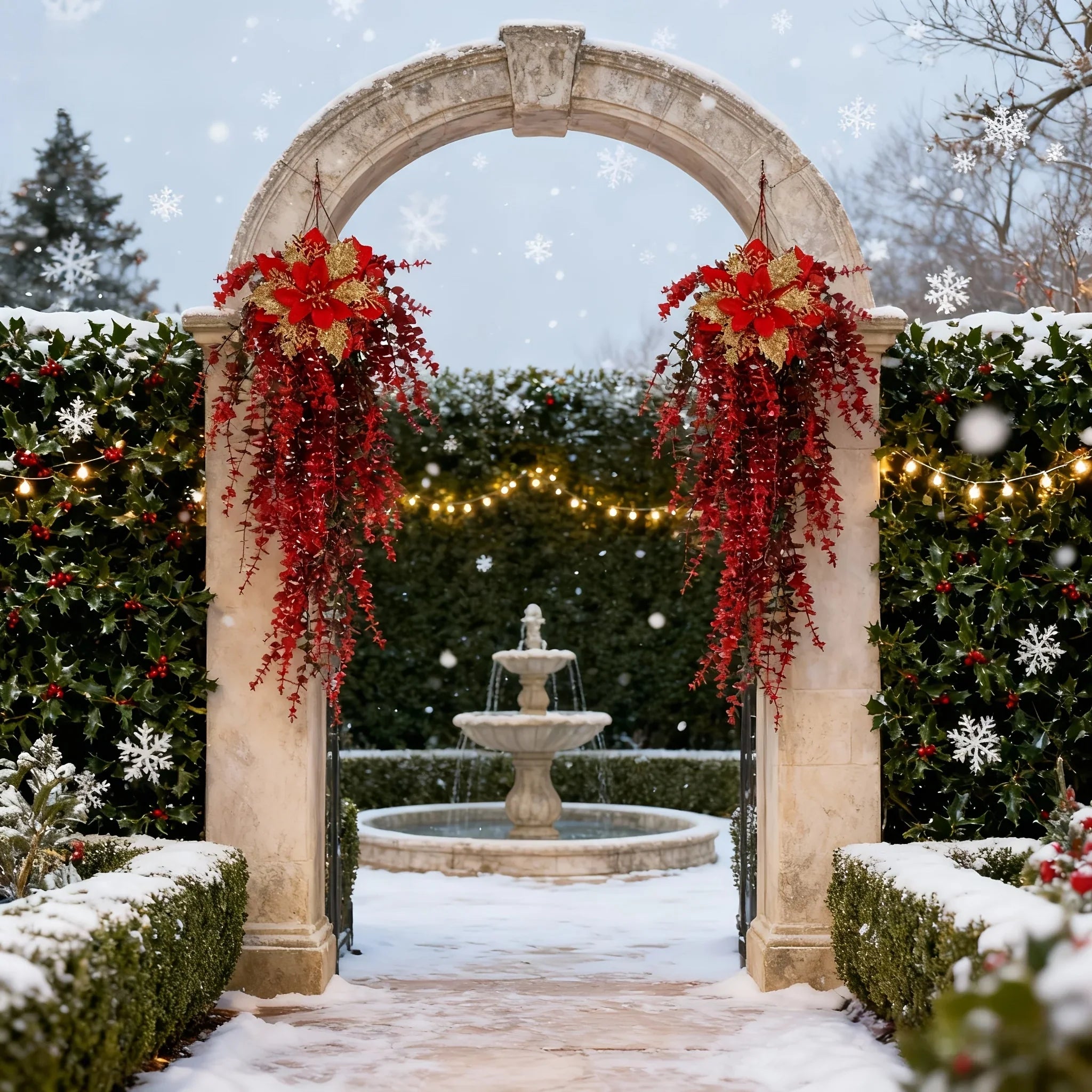 Artificial Flower Garland, Red and Golden-pink Eucalyptus Poinsettia, 81cm Maintenance-free - House Of Avana