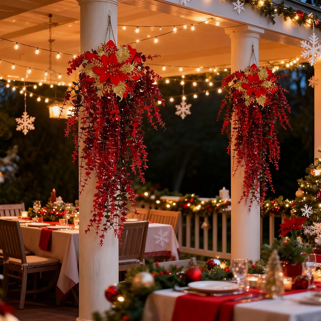Artificial Flower Garland, Red and Golden-pink Eucalyptus Poinsettia, 81cm Maintenance-free - House Of Avana