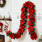 Artificial Poinsettia Wreath 242cm Red and Green Christmas Garland, angled view - House Of Avana