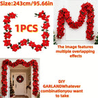 Artificial Poinsettia Wreath 242cm Red and Green Christmas Garland, close-up view - House Of Avana