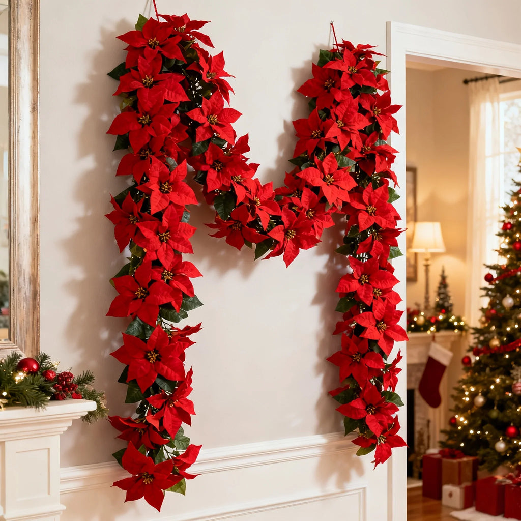 Artificial Poinsettia Wreath 242cm Red and Green Christmas Garland - House Of Avana