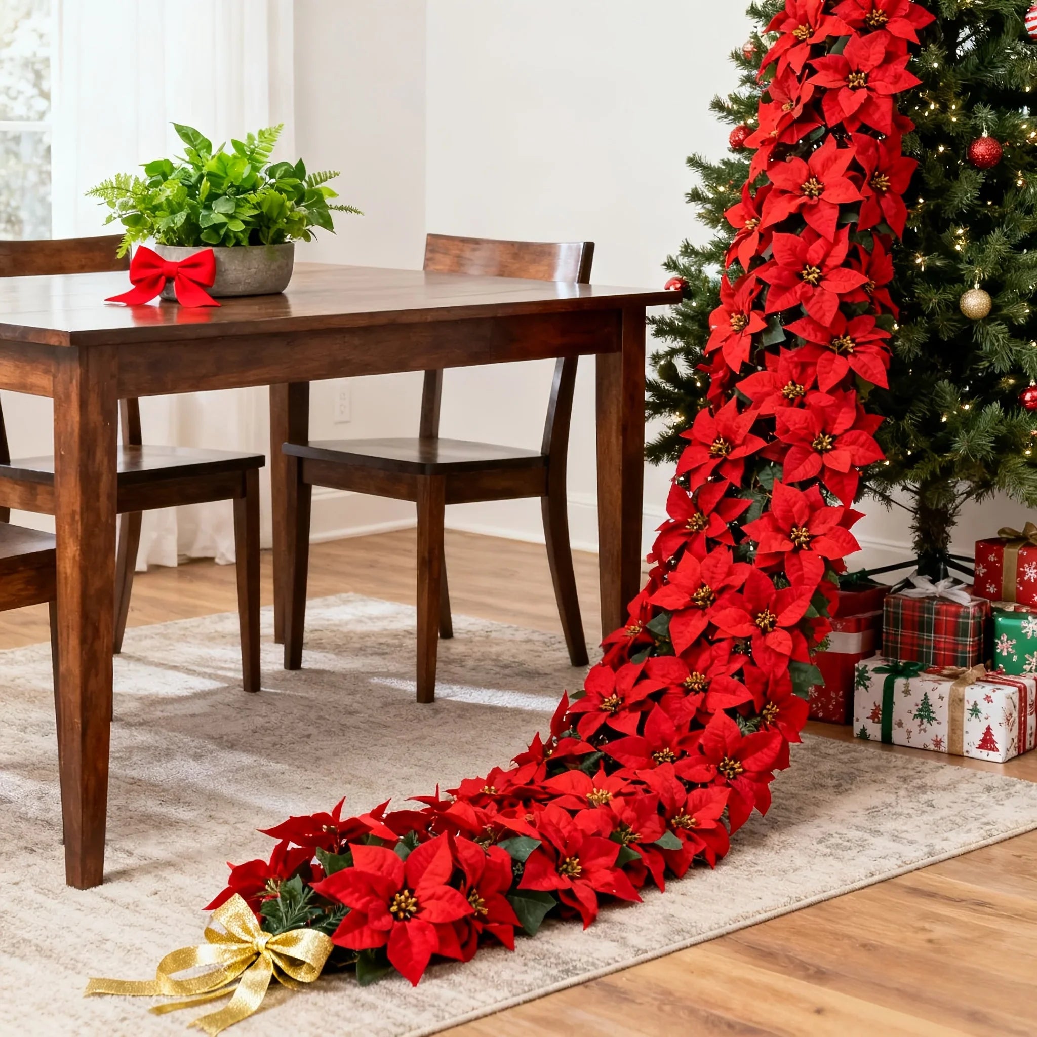 Artificial Poinsettia Wreath 242cm Red and Green Christmas Garland - House Of Avana