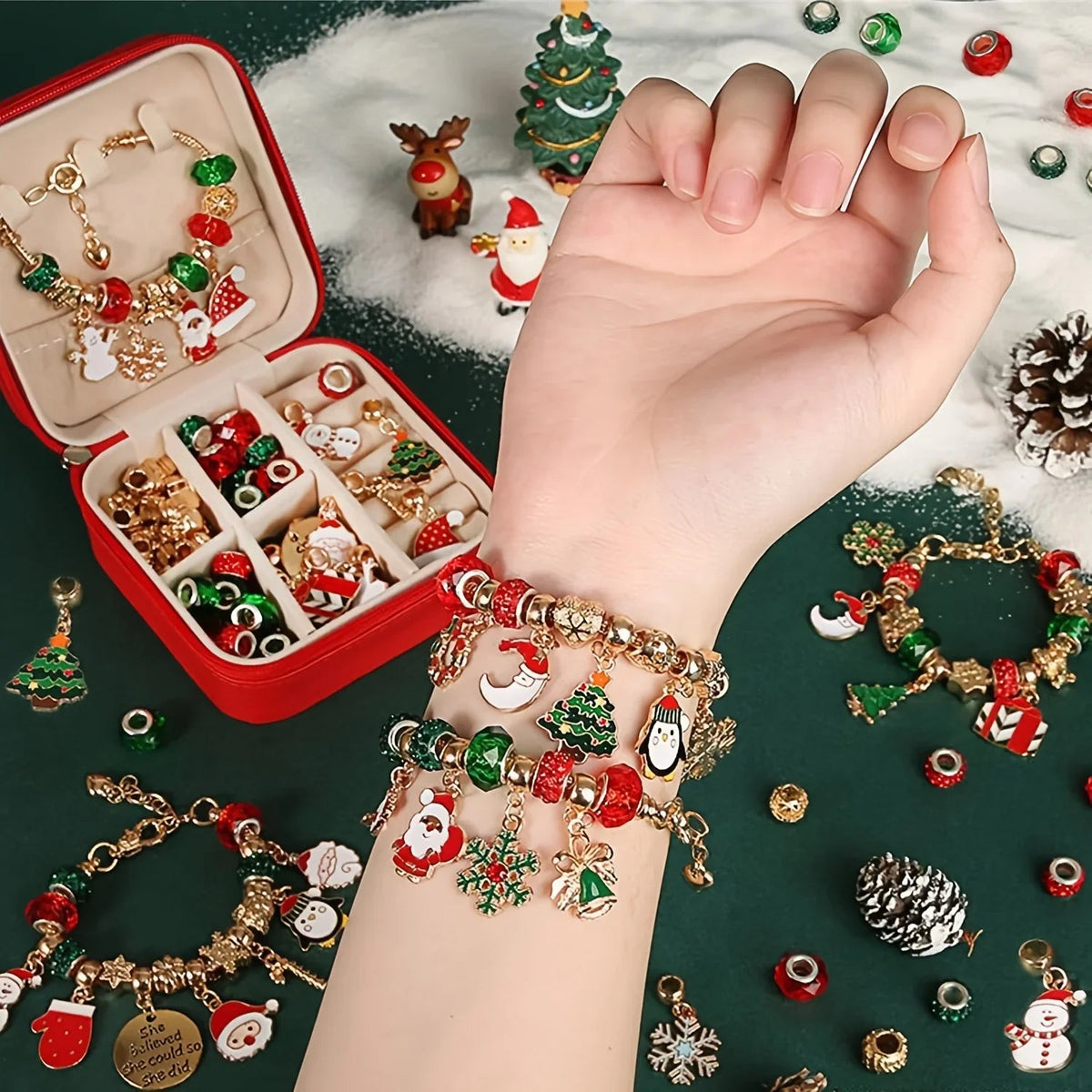 [Christmas Jewelry Kit] Christmas DIY Bracelet Making Kit | Elegant Red Green Charm Beads Jewelry Craft Gift House Of Avana [[SKU:HOA-MSC-038]]