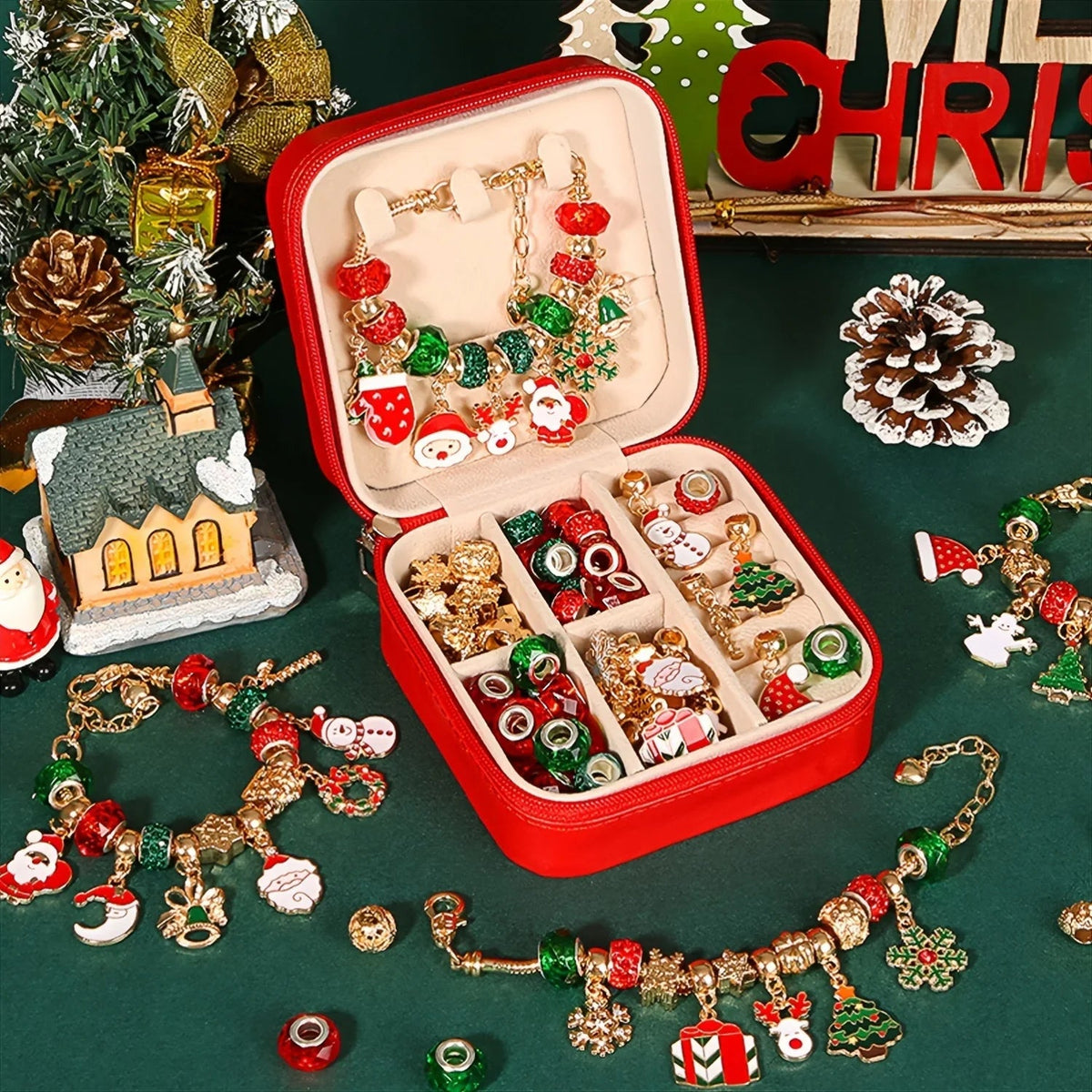 [Christmas Jewelry Kit] Christmas DIY Bracelet Making Kit | Elegant Red Green Charm Beads Jewelry Craft Gift House Of Avana [[SKU:HOA-MSC-038]]