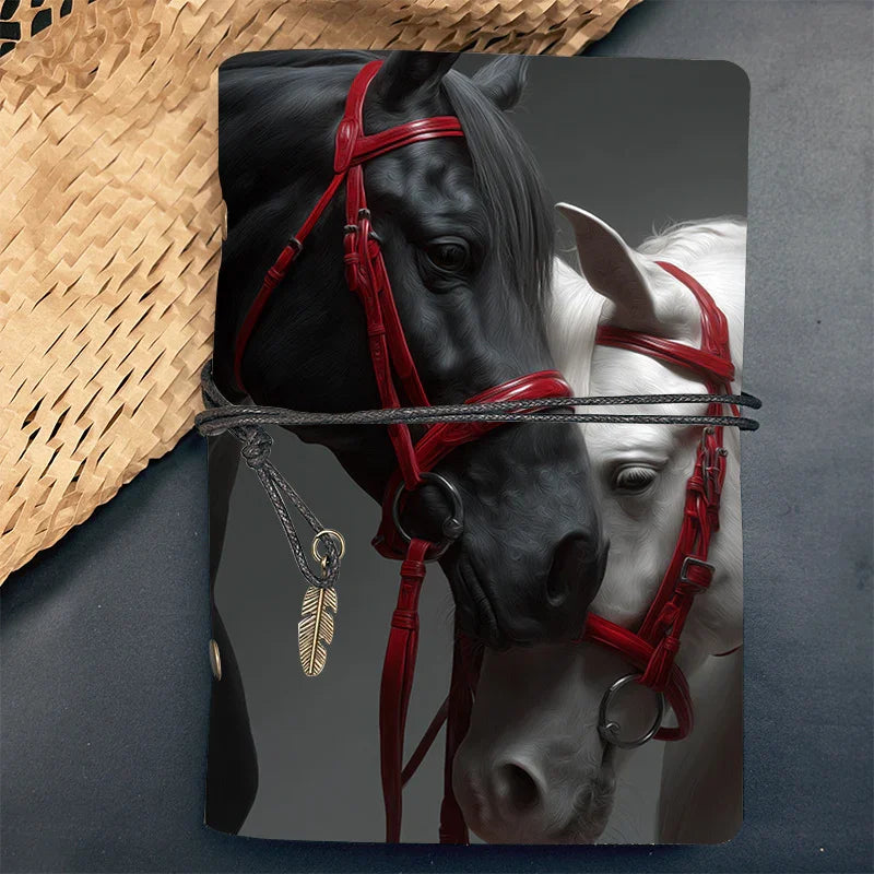 Elegant Horse-themed Aesthetic Leather Notebook - Sheets/160 Pages with Two Horses & Red Halters Design,... - House Of Avana