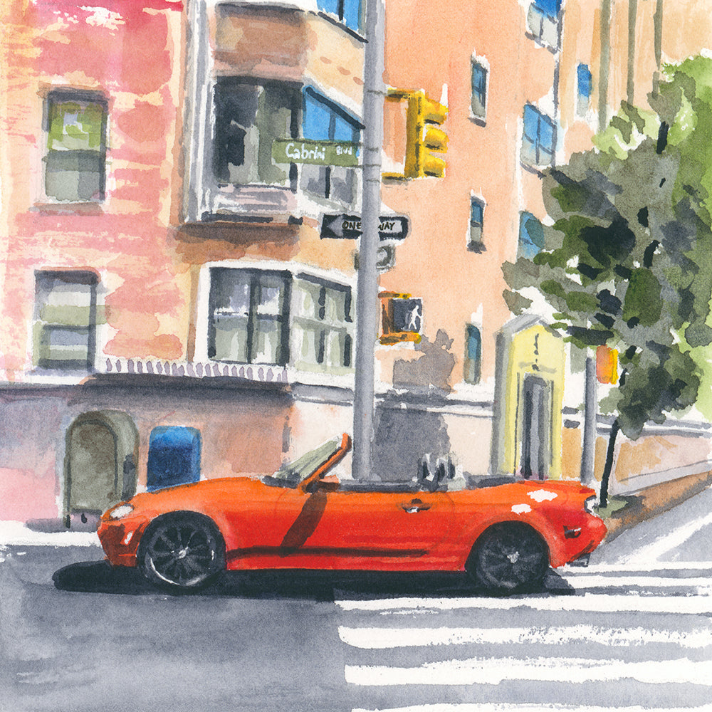 Red Mazda Miata in Intersection, Nyc, Watercolor Painting, side view - House Of Avana