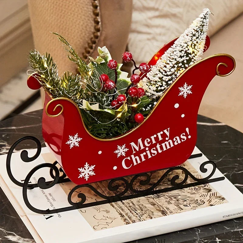 2025 Iron Mini Desktop Christmas Sled with Baked Paint, Transfer Printing, Glitter & Flocking Decorations - Festive Red & Design with Snowflakes & Holly, Perfect For Displaying Holiday Gifts, Christmas Decorations House Of Avana [[SKU:HOA-XMS-029]]