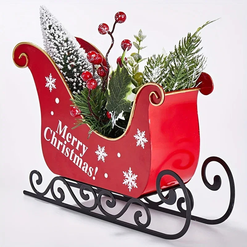 2025 Iron Mini Desktop Christmas Sled with Baked Paint, Transfer Printing, Glitter & Flocking Decorations - Festive Red & Design with Snowflakes & Holly, Perfect For Displaying Holiday Gifts, Christmas Decorations House Of Avana [[SKU:HOA-XMS-029]]