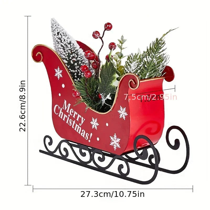 2025 Iron Mini Desktop Christmas Sled with Baked Paint, Transfer Printing, Glitter & Flocking Decorations - Festive Red & Design with Snowflakes & Holly, Perfect For Displaying Holiday Gifts, Christmas Decorations House Of Avana [[SKU:HOA-XMS-029]]