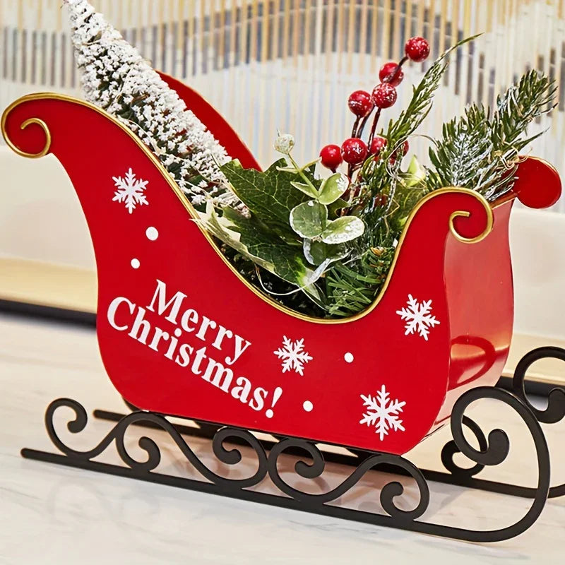 2025 Iron Mini Desktop Christmas Sled with Baked Paint, Transfer Printing, Glitter & Flocking Decorations - Festive Red & Design with Snowflakes & Holly, Perfect For Displaying Holiday Gifts, Christmas Decorations House Of Avana [[SKU:HOA-XMS-029]]