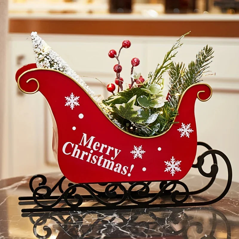 2025 Iron Mini Desktop Christmas Sled with Baked Paint, Transfer Printing, Glitter & Flocking Decorations - Festive Red & Design with Snowflakes & Holly, Perfect For Displaying Holiday Gifts, Christmas Decorations House Of Avana [[SKU:HOA-XMS-029]]