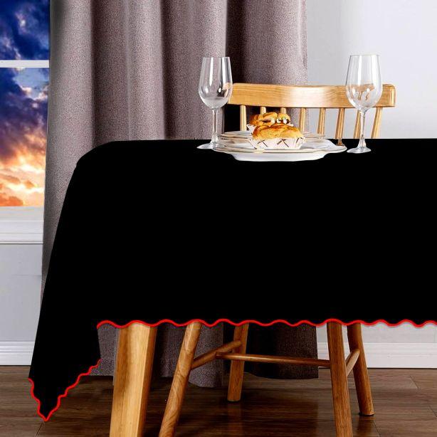 Scallop Embroidery Sateen Cotton Solid Table Cloth - Black PushpLinen