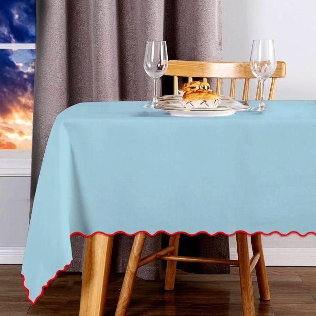 Scallop Embroidery Sateen Cotton Solid Table Cloth - Light Blue PushpLinen