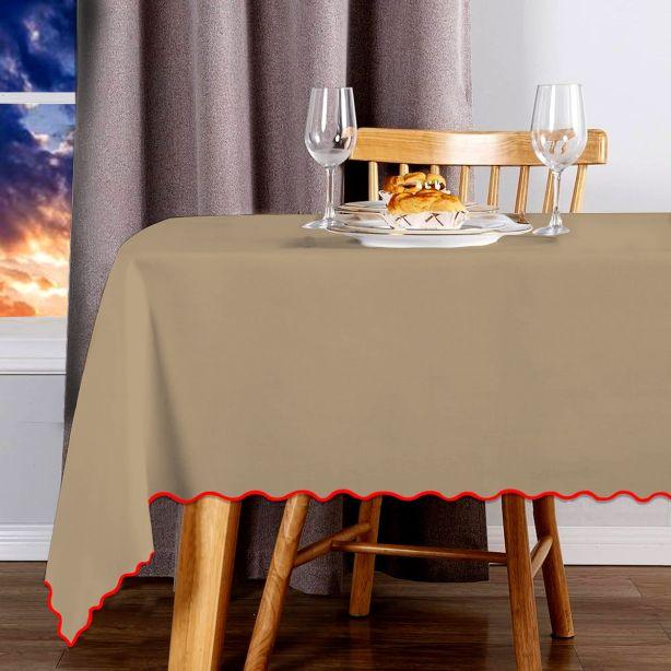 Scallop Embroidery Sateen Cotton Solid Table Cloth - Taupe PushpLinen