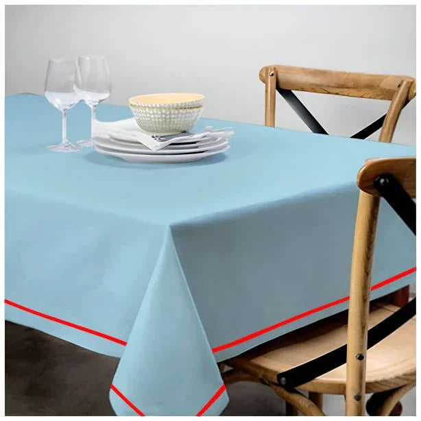 Single Embroidery Border Sateen Cotton Solid Table Cloth - Light Blue PushpLinen