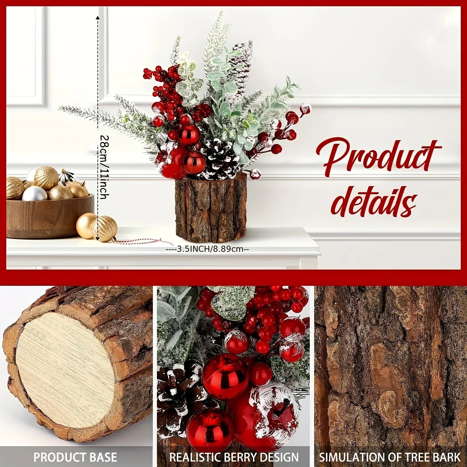 Artificial Mini Christmas Tree Centerpiece with Red Berries, Pine Cones, and Greenery in Faux Tree Stump - House Of Avana