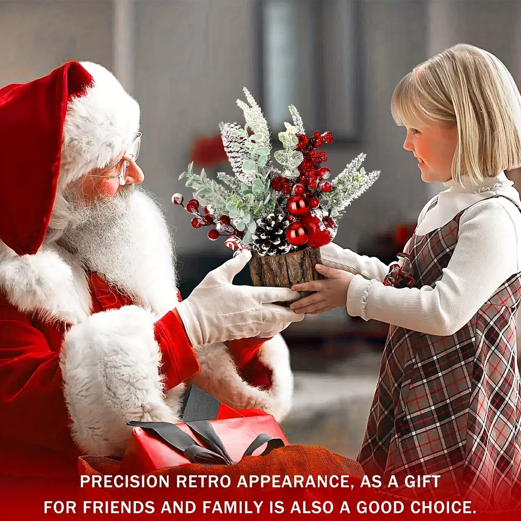 Artificial Mini Christmas Tree Centerpiece with Red Berries, Pine Cones, and Greenery in Faux Tree Stump - House Of Avana