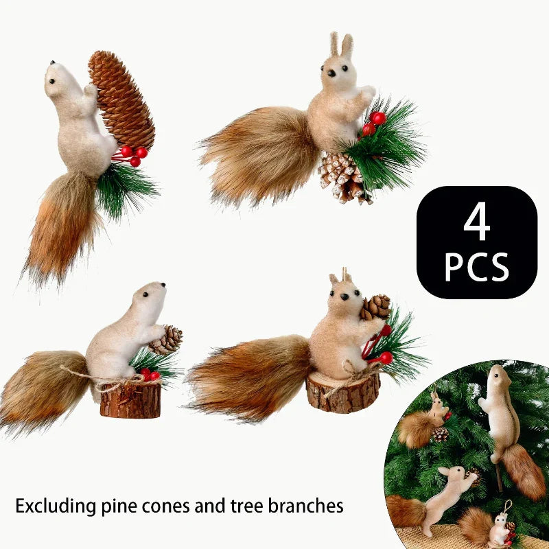 Flocked Fabric Christmas Ornaments - S Squirrel Tree Decor with Pine Cones & Red Berries - House Of Avana