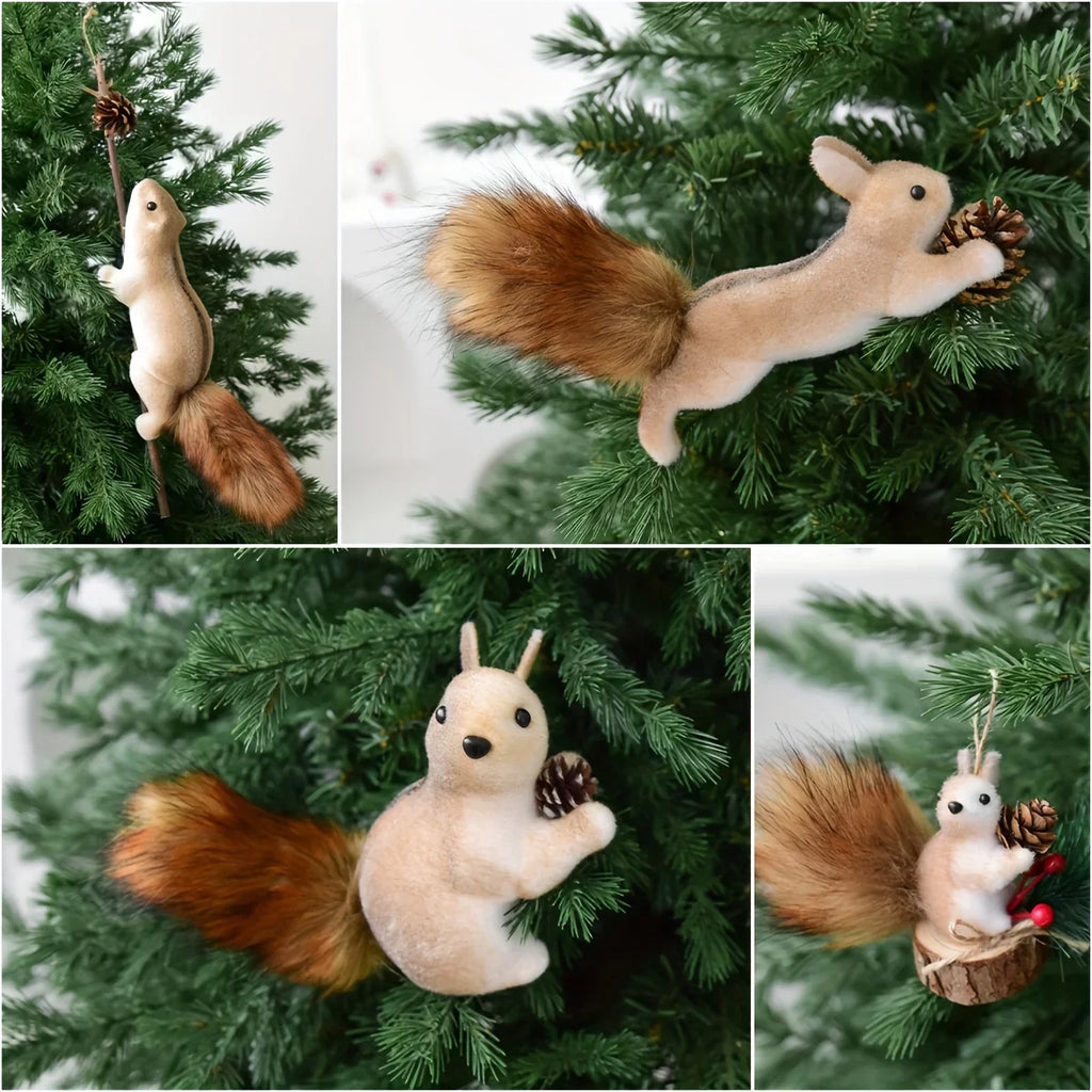 Flocked Fabric Christmas Ornaments - S Squirrel Tree Decor with Pine Cones & Red Berries - House Of Avana