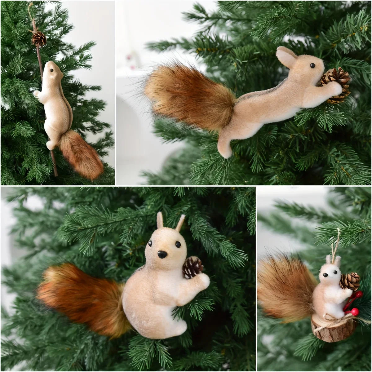 Flocked Fabric Christmas Ornaments - S Squirrel Tree Decor with Pine Cones & Red Berries - House Of Avana