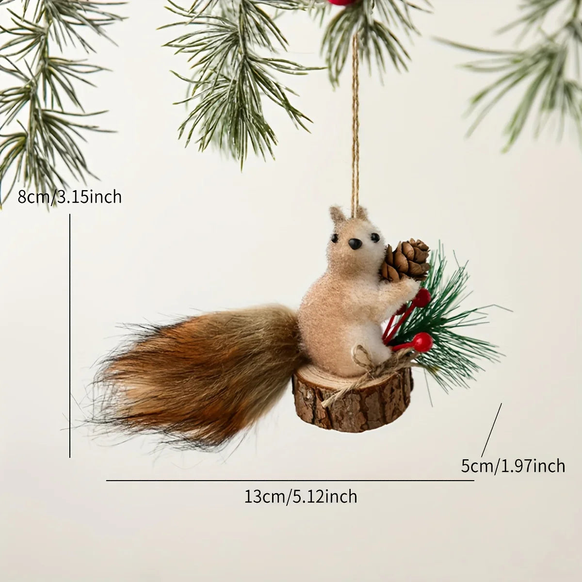 Flocked Fabric Christmas Ornaments - S Squirrel Tree Decor with Pine Cones & Red Berries - House Of Avana