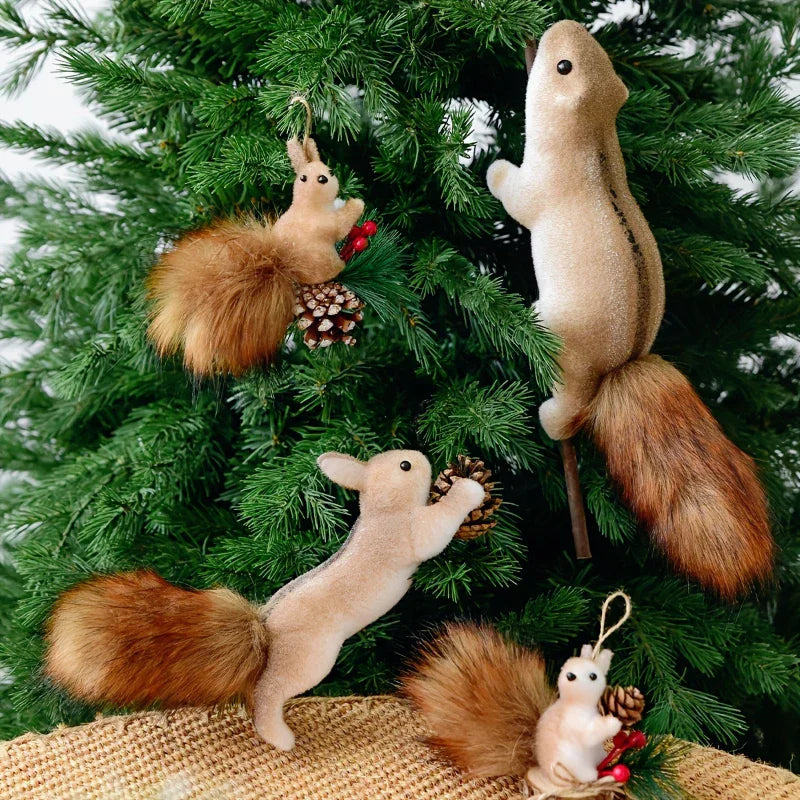 Flocked Fabric Christmas Ornaments - S Squirrel Tree Decor with Pine Cones & Red Berries - House Of Avana