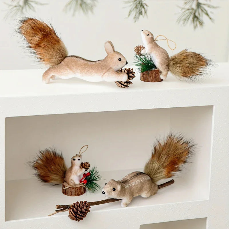 Flocked Fabric Christmas Ornaments - S Squirrel Tree Decor with Pine Cones & Red Berries - House Of Avana