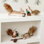 Flocked Fabric Christmas Ornaments - S Squirrel Tree Decor with Pine Cones & Red Berries - House Of Avana