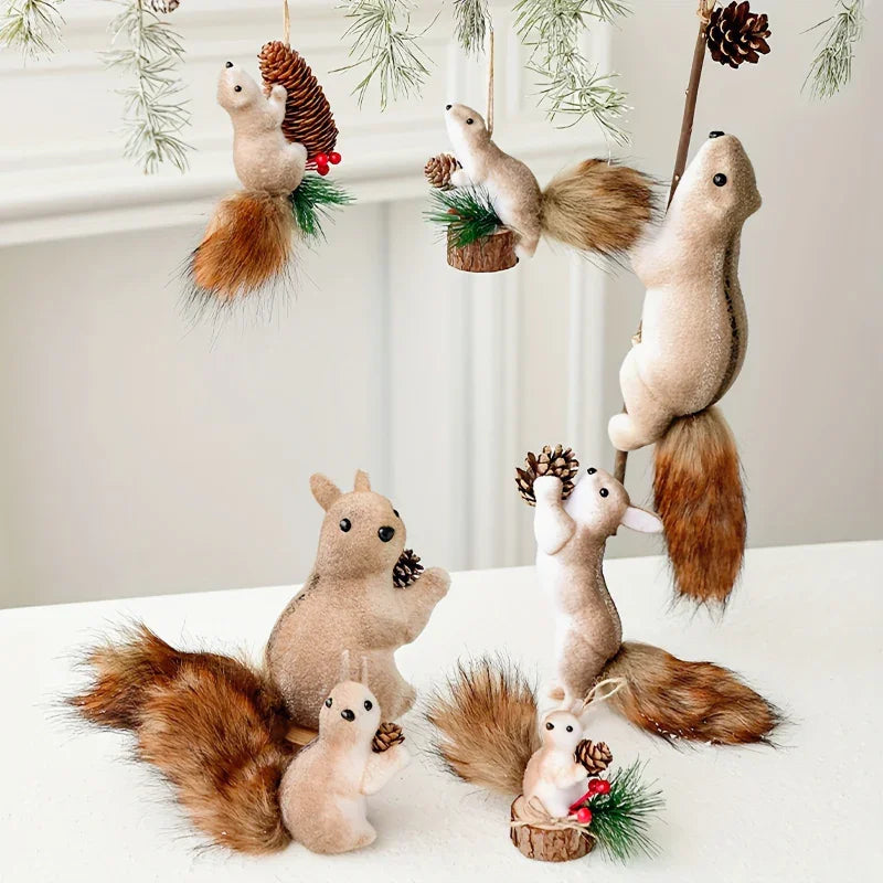 Flocked Fabric Christmas Ornaments - S Squirrel Tree Decor with Pine Cones & Red Berries - House Of Avana
