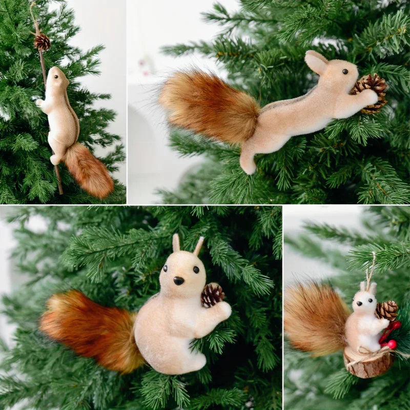 Flocked Fabric Christmas Ornaments - S Squirrel Tree Decor with Pine Cones & Red Berries - House Of Avana
