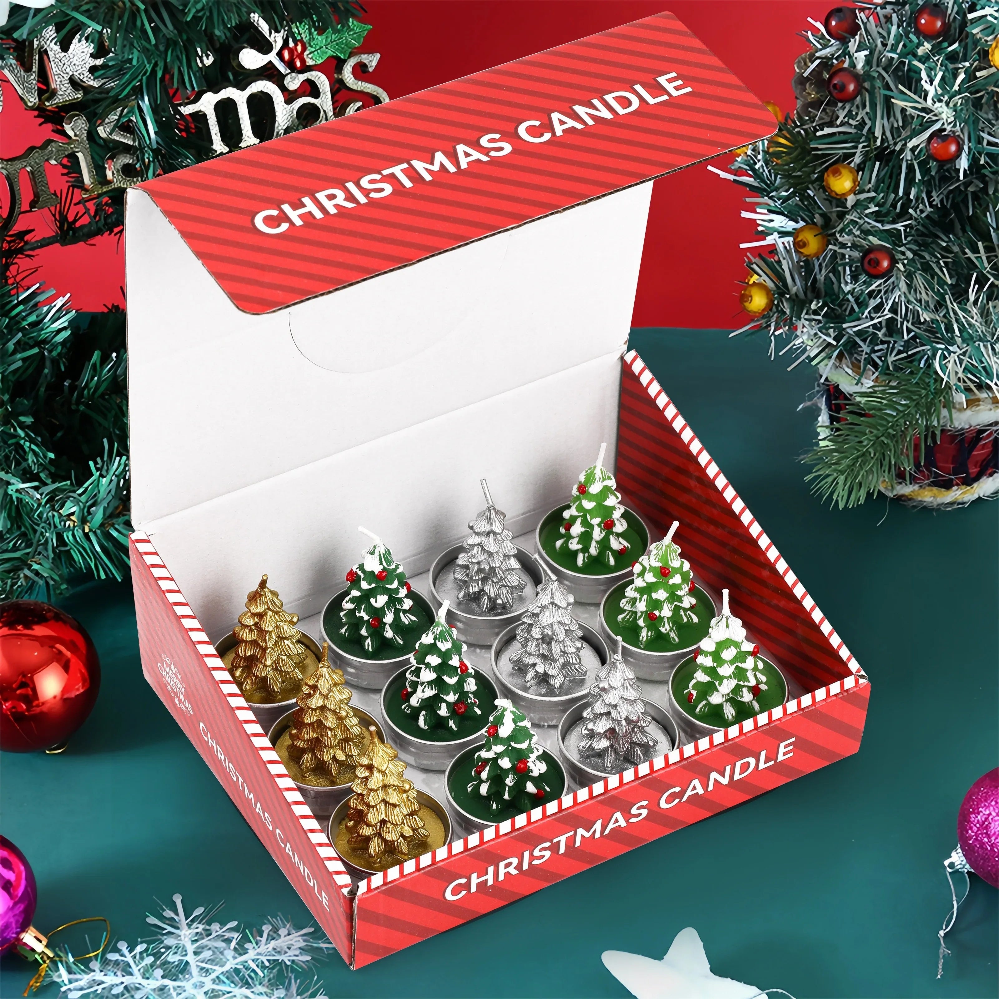 Wax Christmas Candles with Santa and Snowman Designs in Red and White, alternate view - House Of Avana