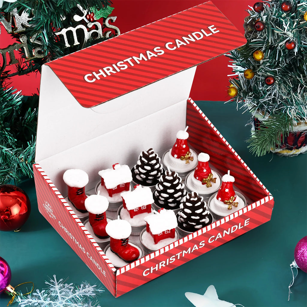 Wax Christmas Candles with Santa and Snowman Designs in Red and White, alternate view - House Of Avana