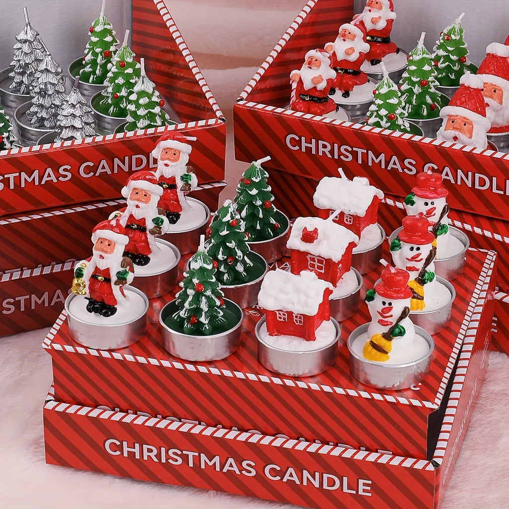 Wax Christmas Candles with Santa and Snowman Designs in Red and White, angled view - House Of Avana