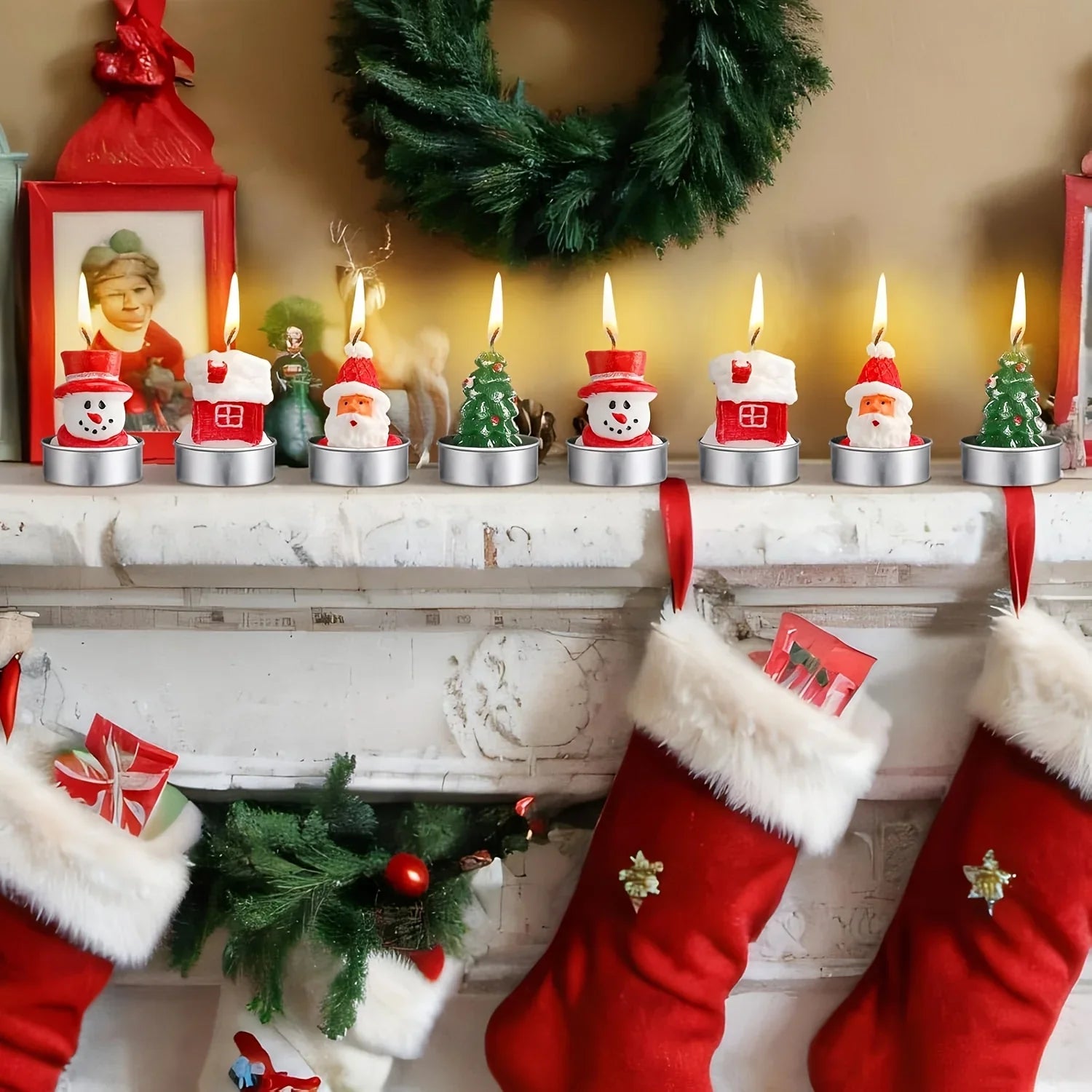 Wax Christmas Candles with Santa and Snowman Designs in Red and White - House Of Avana