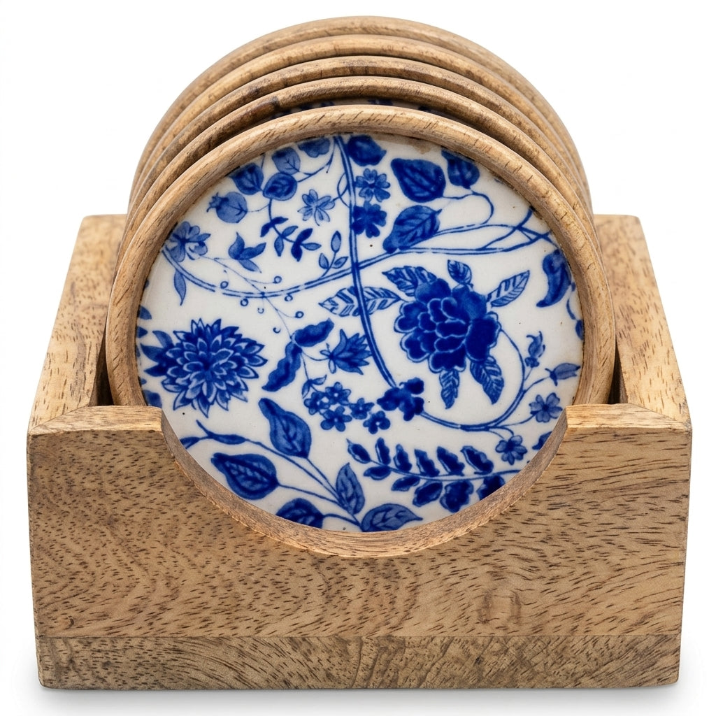 House of Avana Mango Wood Coaster Set of 5 with Holder