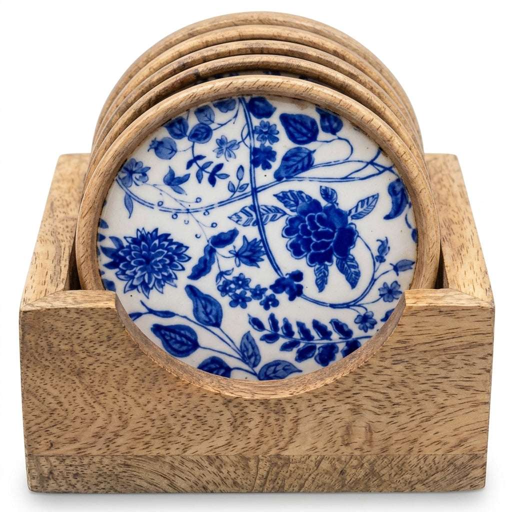 Set of six blue and white floral coasters in a wooden holder on a white background [[SKU:HOA-MOR-KIT-007]]
