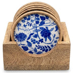 Set of six blue and white floral coasters in a wooden holder on a white background [[SKU:HOA-MOR-KIT-007]]