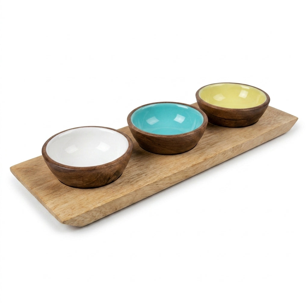 House of Avana Mango Wood Condiment Set with Enamel Bowls