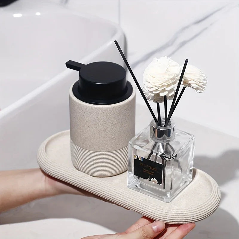 [Resin Art Tray] Elegant Resin Art Striped Bathroom Vanity Tray | Oval Design with Textured Surface, Bathroom Organizer, Neutral Tone Tray, Bathroom Decor And Accessories House Of Avana