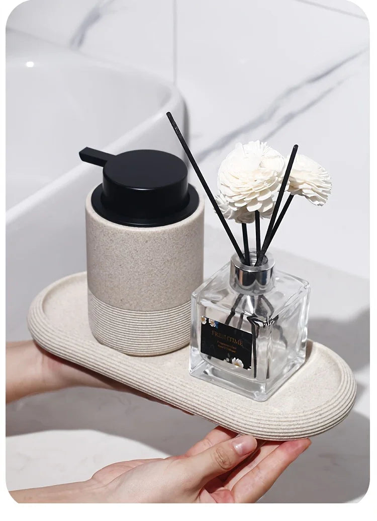 [Resin Art Tray] Elegant Resin Art Striped Bathroom Vanity Tray | Oval Design with Textured Surface, Bathroom Organizer, Neutral Tone Tray, Bathroom Decor And Accessories House Of Avana