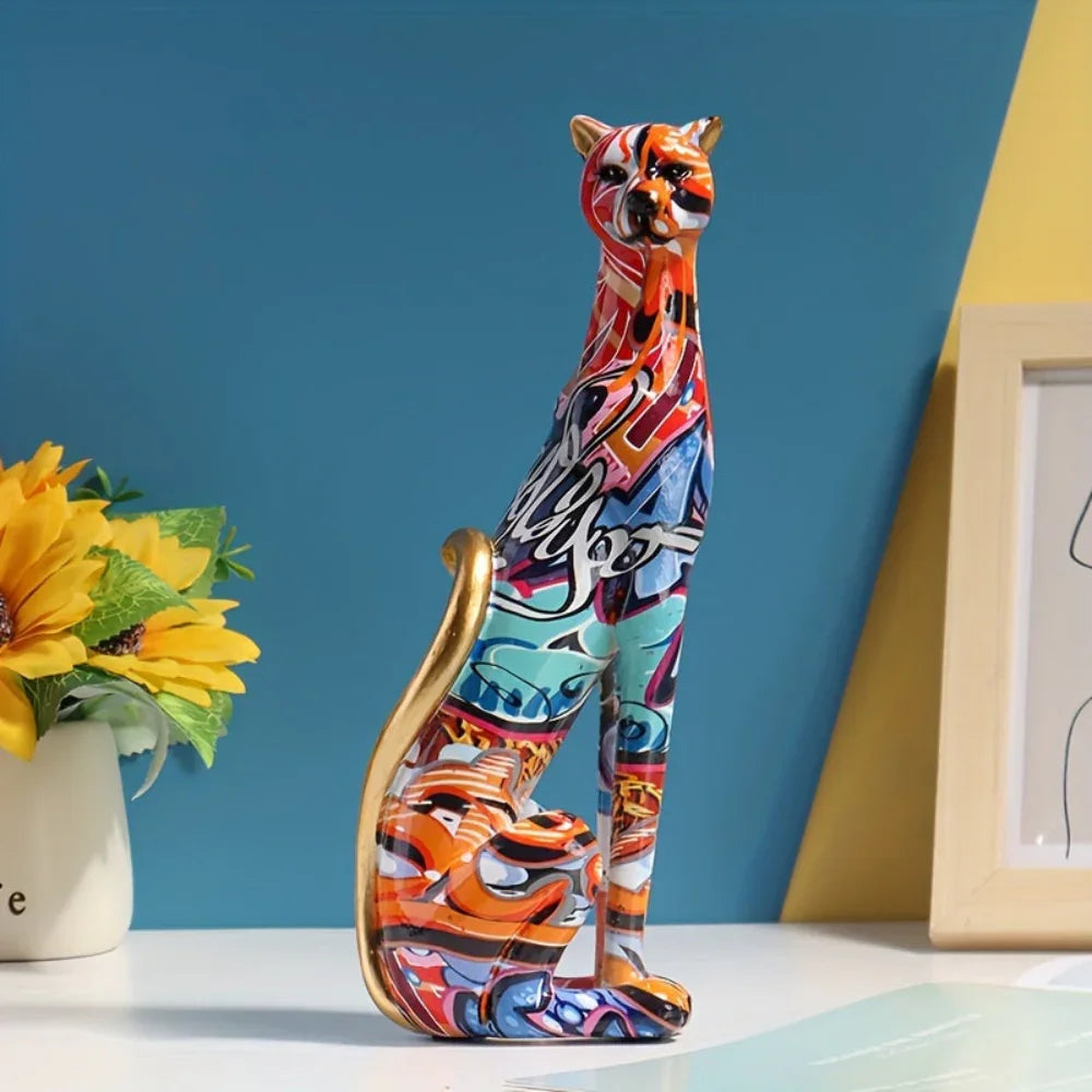 Resin Cheetah Figurine with Colorful Water Transfer Print - Cartoon Theme Decorative Statue for Various Room Types, Indoor & Outdoor, Ideal for Christmas, Halloween, Easter, Hanukkah, Thanksgiving - No Electricity Required - House Of Avana