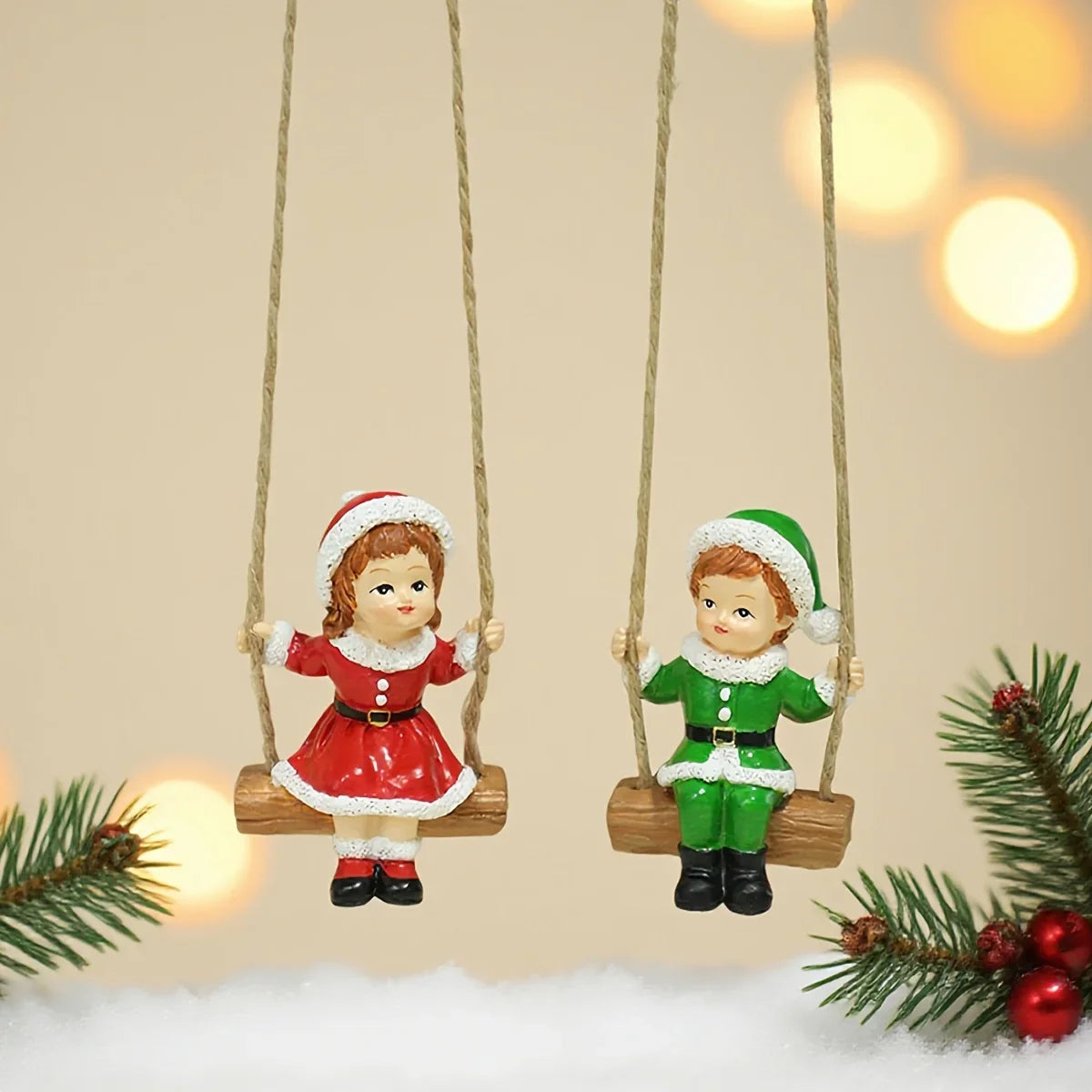 2pcs of home Christmas swing boy and girl pendants, home wall hanging statue decorations, Christmas tree decoration pendants, family holiday window sill decorations, creative garden courtyard decorations, suitable for Christm House Of Avana [[SKU:HOA-XMS-057]]