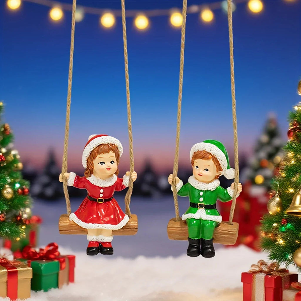 2pcs of home Christmas swing boy and girl pendants, home wall hanging statue decorations, Christmas tree decoration pendants, family holiday window sill decorations, creative garden courtyard decorations, suitable for Christm House Of Avana [[SKU:HOA-XMS-057]]