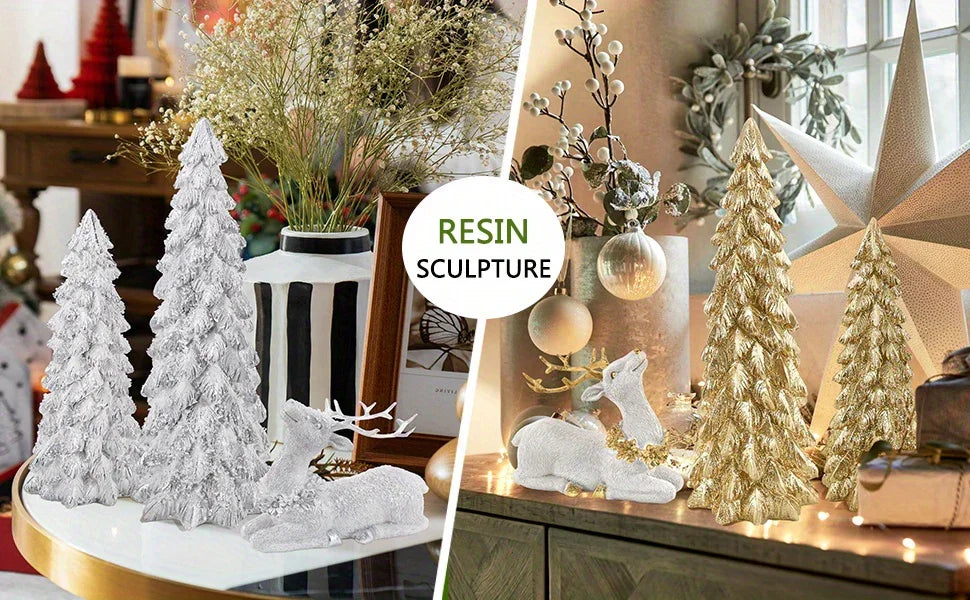 3pcs Christmas Tree & Reindeer Statue Christmas Decoration Set - 2 Sparkling Christmas Tree Statues And 1 Deer Vintage Christmas Decoration Set, Resin Ornaments Tabletop Shelf Office Indoor Display Stand, Resin Figurine, Tabl House Of Avana