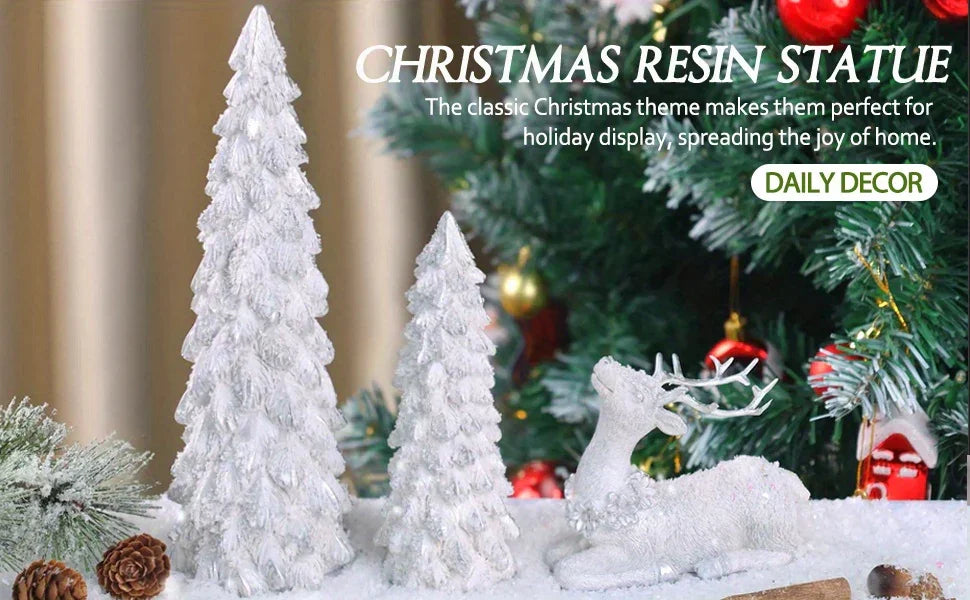 3pcs Christmas Tree & Reindeer Statue Christmas Decoration Set - 2 Sparkling Christmas Tree Statues And 1 Deer Vintage Christmas Decoration Set, Resin Ornaments Tabletop Shelf Office Indoor Display Stand, Resin Figurine, Tabl House Of Avana