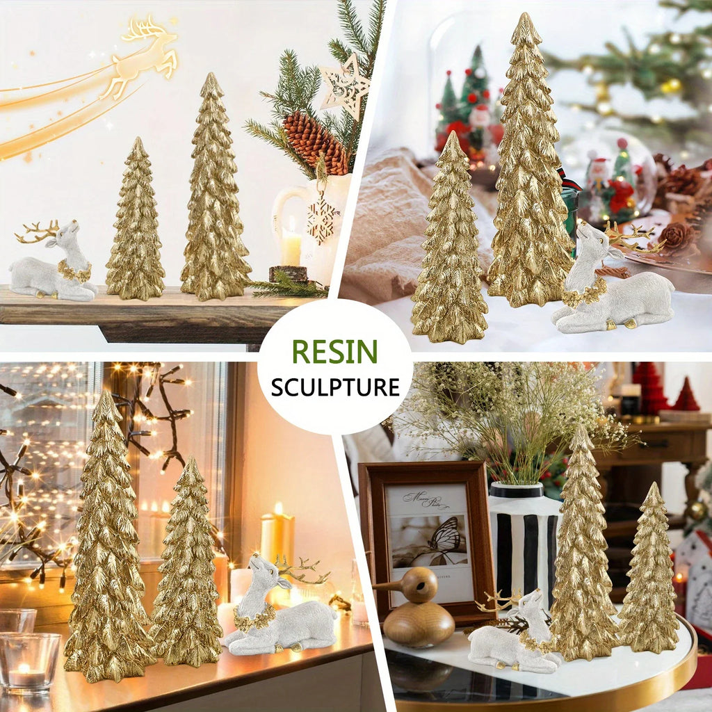 3pcs Christmas Tree & Reindeer Statue Christmas Decoration Set - 2 Sparkling Christmas Tree Statues And 1 Deer Vintage Christmas Decoration Set, Resin Ornaments Tabletop Shelf Office Indoor Display Stand, Resin Figurine, Tabl House Of Avana