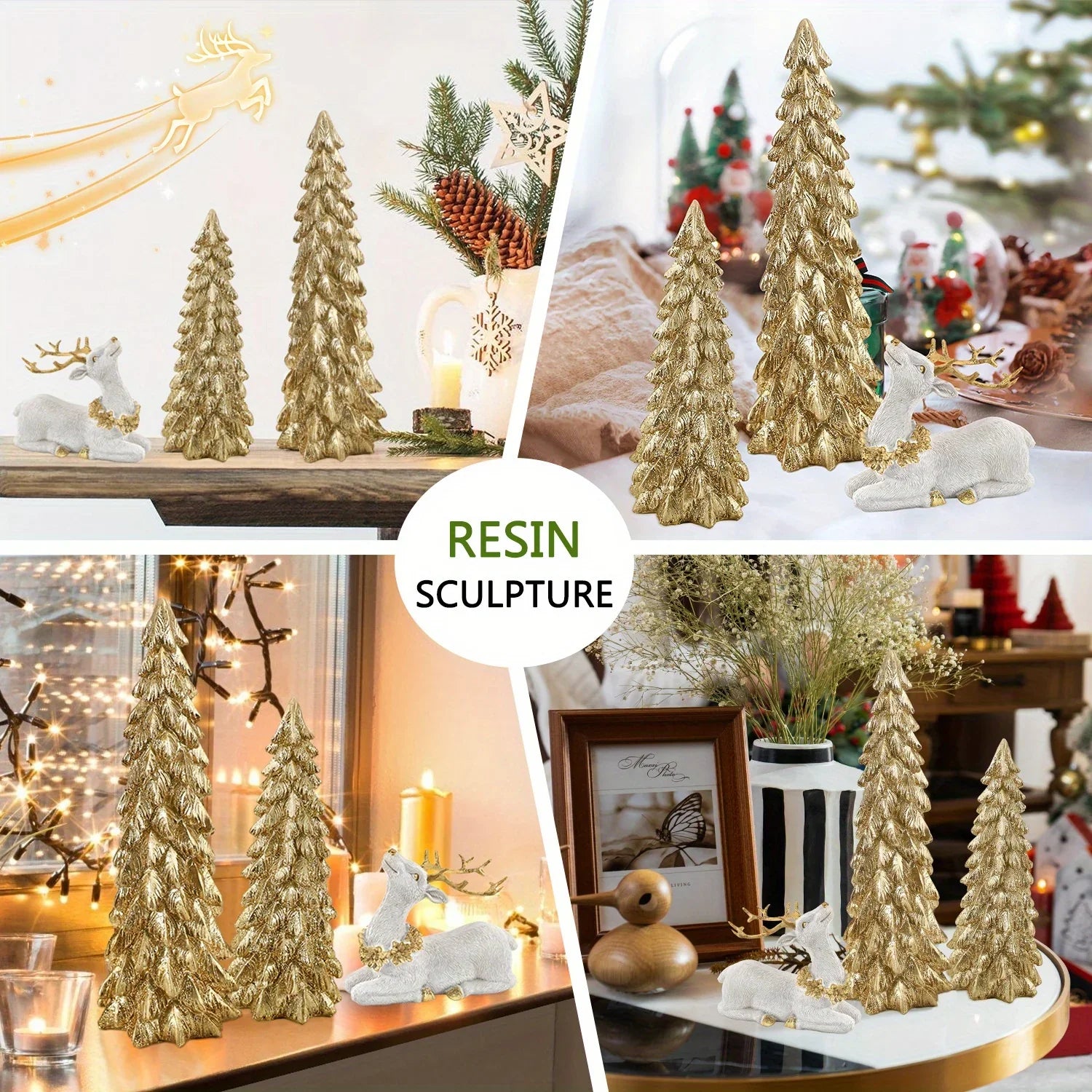 3pcs Christmas Tree & Reindeer Statue Christmas Decoration Set - 2 Sparkling Christmas Tree Statues And 1 Deer Vintage Christmas Decoration Set, Resin Ornaments Tabletop Shelf Office Indoor Display Stand, Resin Figurine, Tabl House Of Avana