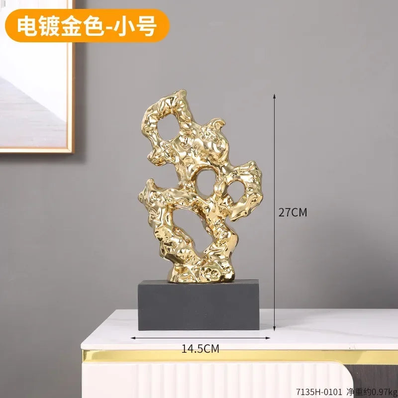 Resin Ornaments Gold Hollowed Out Stone Statue Taihuite Coral Sculpture Decorative Figurines Home Decoration Accessories - House Of Avana